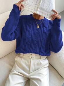 SHEIN Unity Áo len chui đầu dài tay cổ tròn trễ vai màu trơn cho nữ, mùa thu/đông - Màu xanh lam - Xem 3