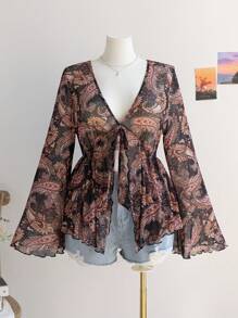 Soleia 大码花卉印花 V 领喇叭袖娃娃衫，适合返校、度假、秋季 - 彩色 - 查看 1