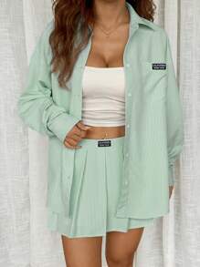 Comfortcana 条纹印花落肩衬衫和百褶裙（不含吊带背心） - 綠色 - 查看 9