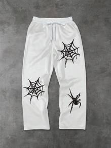 Manfinity EMRG Plus Size Men's Casual Spider Web Print Drawstring Waist Sweatpants - White - View 1