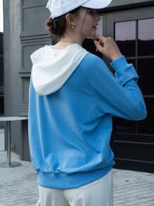 INAWLY Women's Color Block Raglan Sleeve Button Decorated Hooded Blouse, Autumn/Spring Fall Cloth For Women - Blue and White - View 6