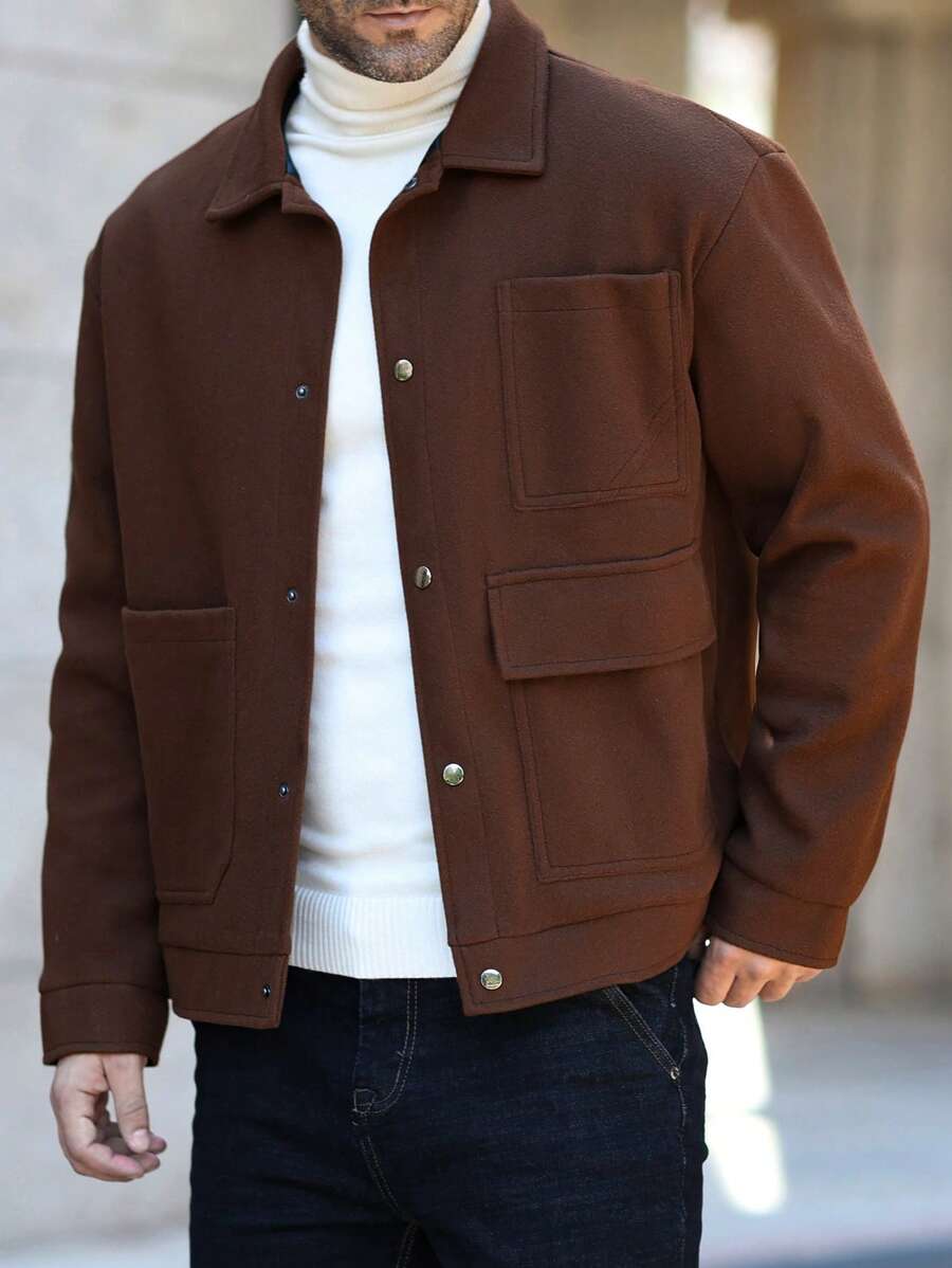 Manfinity Homme 男士休闲多口袋纯色夹克，适合秋冬季节。外出朋友保暖外套，适合朋友、丈夫、男朋友的礼物 - 咖啡棕 - 查看 1