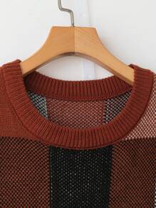 SHEIN LUNE 大码女式秋季格子圆领长袖休闲毛衣，秋冬 - 卡其色 - 查看 4