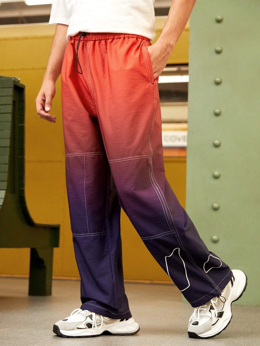 Gym Rark Boyfriend Style Men's Ombre Color Drawstring Waist Pockets Wide Leg Loose Casual Sports Pants - Multicolor - View 1