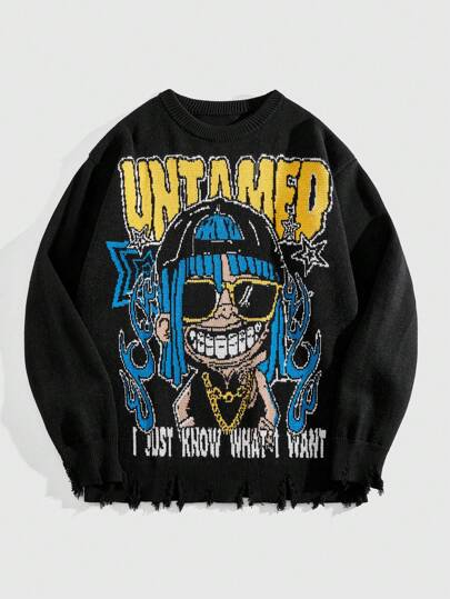 Street Life Suéter de cuello redondo con tejido jacquard de personajes de hip hop para hombres