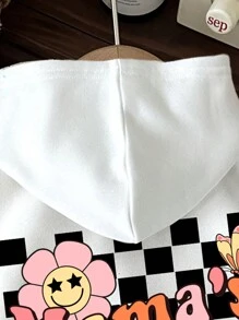 SHEIN ModeFlare Wear 年轻女孩休闲简约可爱黑白格子卡通花朵和笑脸，“GIRLS”字母印花白色温暖舒适厚连帽运动衫，适合秋冬季 - 白色 - 查看 3