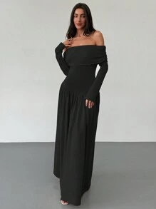 Aloruh New Apricot Off Shoulder Cinched Waist High-Stretch Slimming A-Line Dress, Versatile Long Sleeve Autumn/Winter Wear