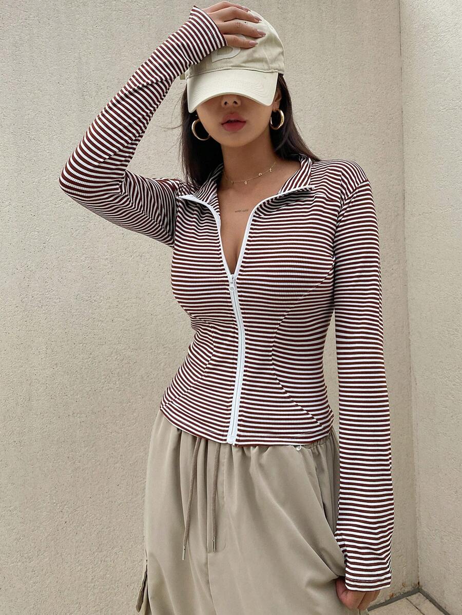 DAZY Áo khoác nhẹ, in họa tiết sọc thường ngày dành cho nữ, quần áo mùa thu - màu nâu - Xem 1