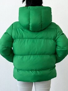 EURMUSE Zip Up Drawstring Hooded Puffer Coat - Dark Green - View 2