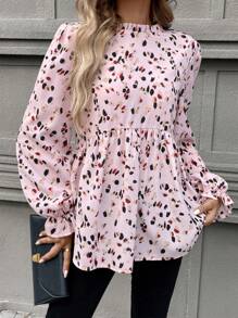 SHEIN LUNE Spring & Summer Round Neck Ruffle Trim Cuff, Collar & Hem Long Sleeve Casual Vacation Printed Blouse T-Shirt - Dusty Pink - View 3
