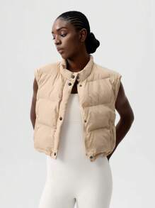 VARSITIE 女士立领长袖宽松短款解构运动棉服外套 - 卡其色 - 查看 6