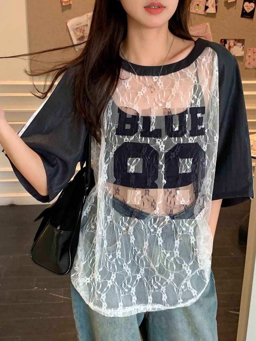 DAZY Women Lace & Satin Panel Colorblock Short Sleeve Loose T-Shirt Going Out Tops Sheer - Multicolor - View 1