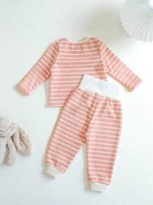 2pcs/Set Baby Girl Simple Striped Pattern Long Sleeve Top And Pants, Warm Silver Fox Fleece, Autumn/Winter Home Sleepwear Outfit - Dusty Pink - View 2