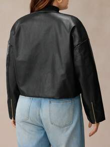 Elaquor Plus Size Casual Cool Drop Shoulder Loose Single-Breasted Cropped PU Leather Jacket - Black - View 8