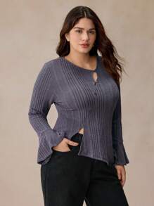 SHEIN Frenchy Plus Size Women's Elegant Asymmetric Neck Ribbed Long Sleeve Slim Fit T-Shirt,Sky Blue,Autumn,Smart Casual,Everyday,Dark Gray Soft Knit Top,FW24 - Grey - View 7