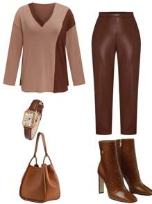 SHEIN LUNE Conjunto informal de 2 piezas de talla grande con top de manga larga cuello en V de unicolor y pantalones largos