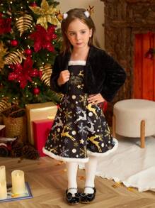 SHEIN 2pcs Girls Christmas Furry Black Deer Print Top & Overall Skirt Set, Autumn/Winter Child