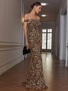 GENKIRA Fashionable Party Off Shoulder Leopard Print Sleeveless Dress - Multicolor - View 6
