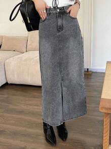 DAZY Women Casual Washed Denim Slit A-Line Skirt, Autumn/Winter Jeans Skirt