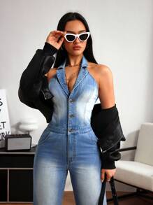 SHEIN ICON Women's Sexy Backless Halter Denim Jumpsuit