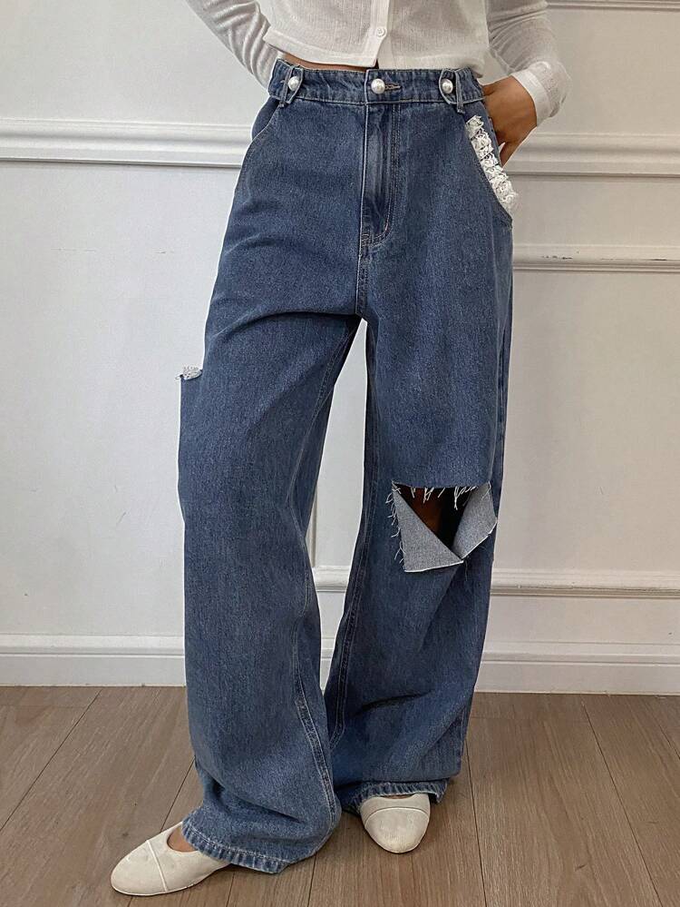 Women's Contrast Lace Distressed Pocket Wide Leg Jeans