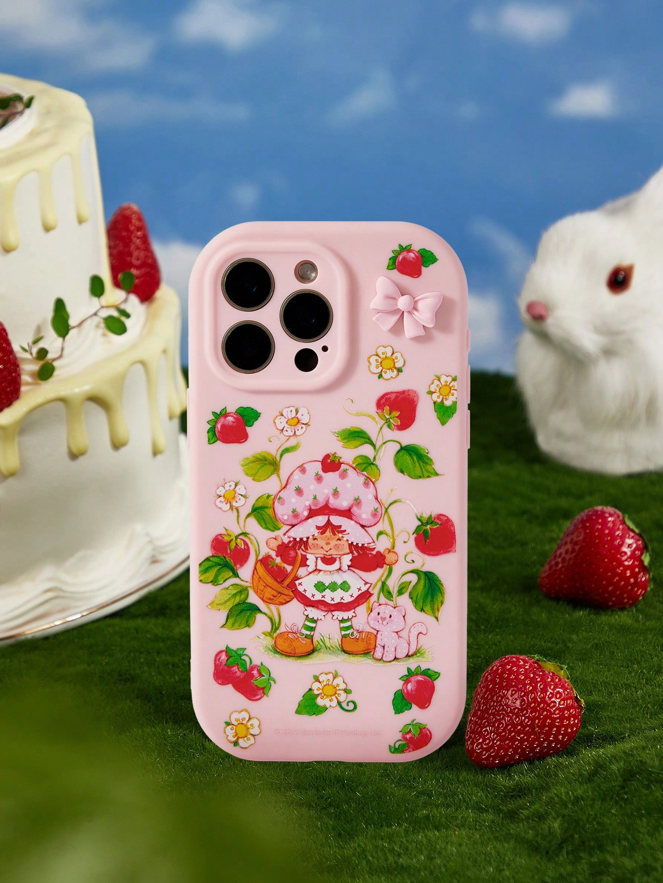 Strawberry Shortcake X SHEIN Strawberry Print Bowknot Shockproof Phone Case, Pink