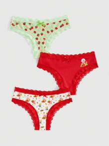 Strawberry Shortcake | ROMWE Set de 3 bragas con lazo de encaje y decoración de fresa para niña