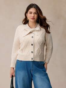 Elaquor 大码休闲立领落肩宽松有线菱形针织开衫