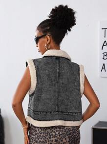 SHEIN ICON Women Furry Panel Front Zipper Sleeveless Simple Casual Denim JacketThermal Thickened Denim