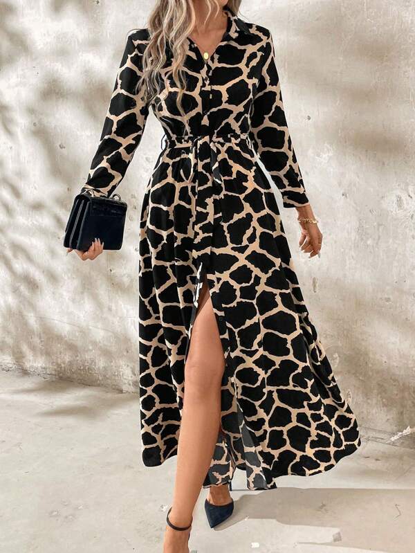 Chikora Plus Size Geometric Print Shirt Dress Casual Teacher Uniform Fall Dress