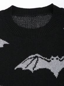 PUNK Grappige vleermuis-grafische ronde hals, drop-shoulder, lange mouwen, Halloween-trui voor dames, herfst/winter