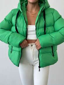 EURMUSE Zip Up Drawstring Hooded Puffer Coat - Dark Green - View 3