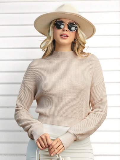 SHEIN LUNE Suéter informal de unicolor con mangas de farol para mujeres, primavera y otoño