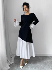 Elenzga 女式优雅拼色喇叭袖长裙，秋季 - 彩色 - 查看 4