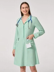 TaskEZ 纯色领子带口袋长袖制服护士服