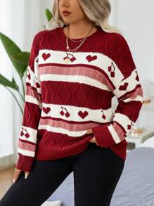 Calvaya Plus Size Women Heart Shape Print Crew Neck Long Sleeve Sweater - Red - View 4