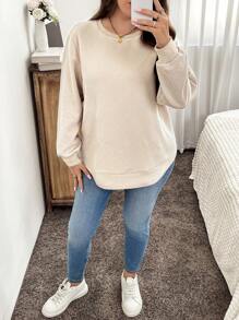 SHEIN LUNE Plus Size Casual Effen Kleur Dropped Shoulder Losse Sweatshirt, Lente/Herfst