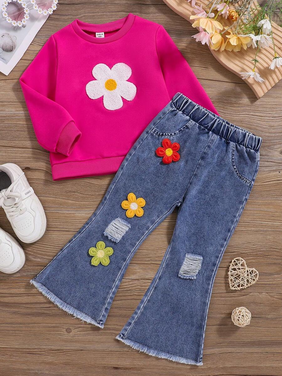 2 件套年轻女孩休闲时尚刺绣白色运动衫和装饰牛仔裤套装