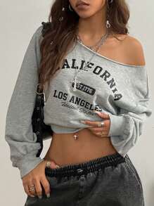 Coolane 冬季加字母图案不对称领口短款运动衫 - 淺灰色 - 查看 1