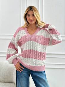 SHEIN Cottnline Women'S Striped Color Block Drop Shoulder Sweater - Baby Pink - View 3