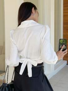 DAZY 1pc Solid Color Fitted Tie Sleeve Ladies Blouse,Fall Clothes Long Sleeve Top - White - View 3