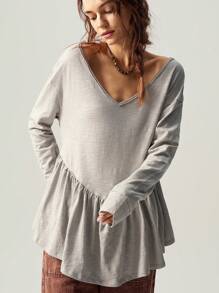 Bohemela 休闲纯色 V 领长袖宽松女式套头 T 恤 - 淺灰色 - 查看 5