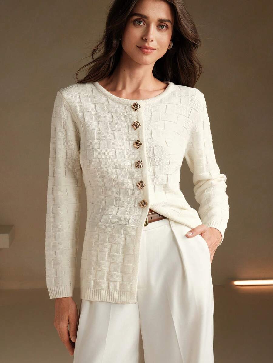 Anewsta V-Neck Long Sleeve French Style Cinched Waist Single Breasted Knit Cardigan - Apricot - View 1