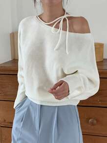 DAZY Women's Solid Color Off Shoulder Tie-Up Loose Waist Sweater,Fall Clothes