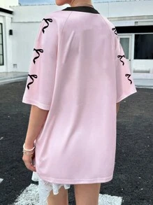 SHEIN 女士休闲 V 领蝴蝶印花宽松短袖 T 恤，夏季图案 T 恤女式上衣 - 粉色 - 查看 2