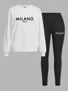 Slaydiva Bộ 2 áo nỉ dài tay cổ tròn in chữ "MILANO" phong cách tối giản thường ngày và quần legging bó - Nhiều màu - Xem 2