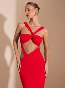 SHEIN BAE Váy dài dệt kim màu đỏ trơn gợi cảm thanh lịch đơn giản hở lưng khoét sâu, thích hợp cho tiệc tốt nghiệp, những dịp trang trọng, tiệc cocktail, hẹn hò lãng mạn, mặc nhiều lớp mùa thu/đông, tiệc tùng, hộp đêm, phù dâu cưới, đi chơi đêm, Halloween, Giáng sinh - Đỏ - Xem 9