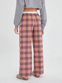 Easelle Pantalones rectos informales con bolsillos y estampado a cuadros en rosa y blanco