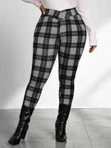 SHEIN Privé 大码优雅 V 腰修身长款通勤黑白格子复古学院风教师工作裤、下午茶休闲户外上学长裤 - 黑與白 - 查看 3