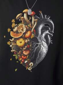 Manfinity VCAY 大码男士休闲心形蘑菇图案圆领长袖运动衫，适合秋冬 - 黑色 - 查看 2